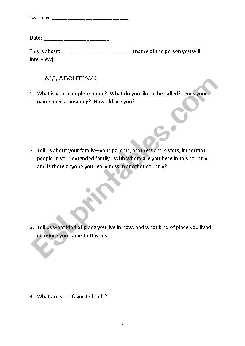 All About You worksheet