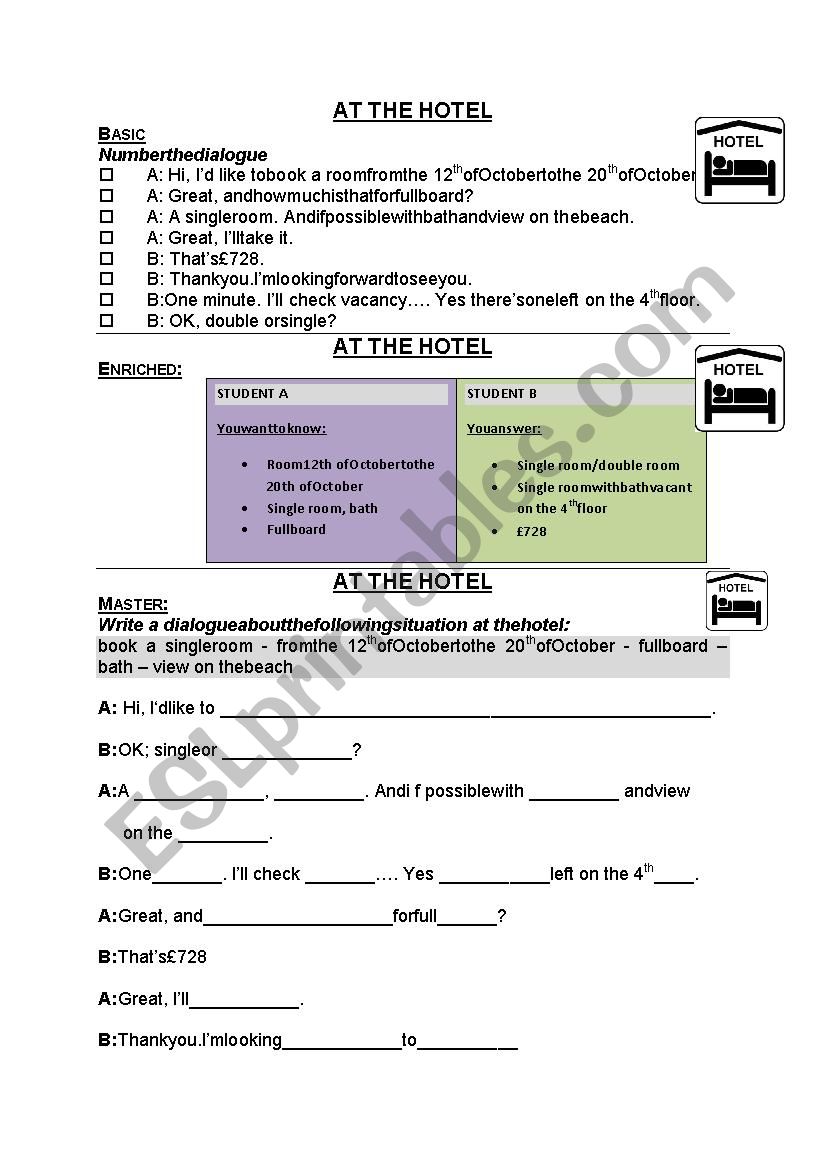 At the hotel worksheet