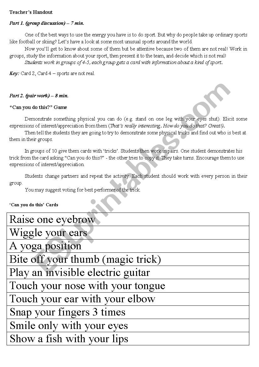 Unusual sports worksheet