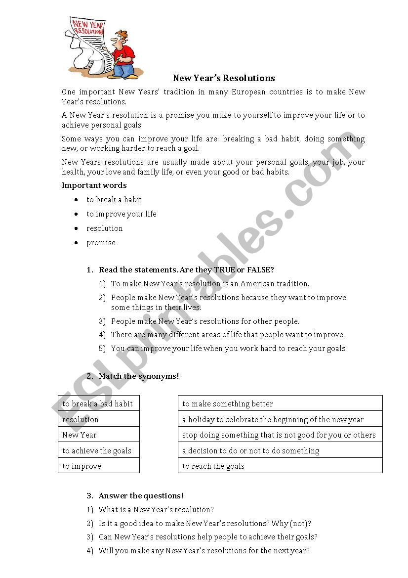 New YearÂ´s Resolutions - ESL worksheet by sancuks