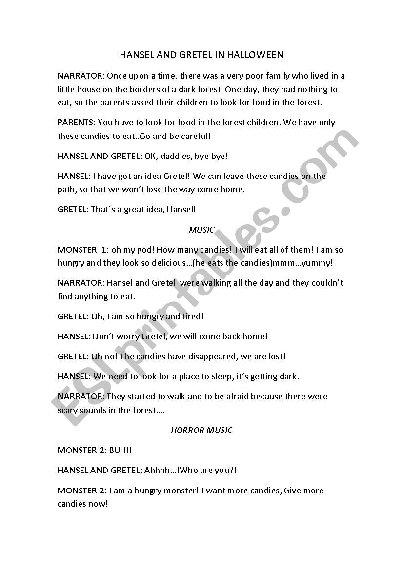 HANSEL AND GRETEL PLAY SCRIPT worksheet