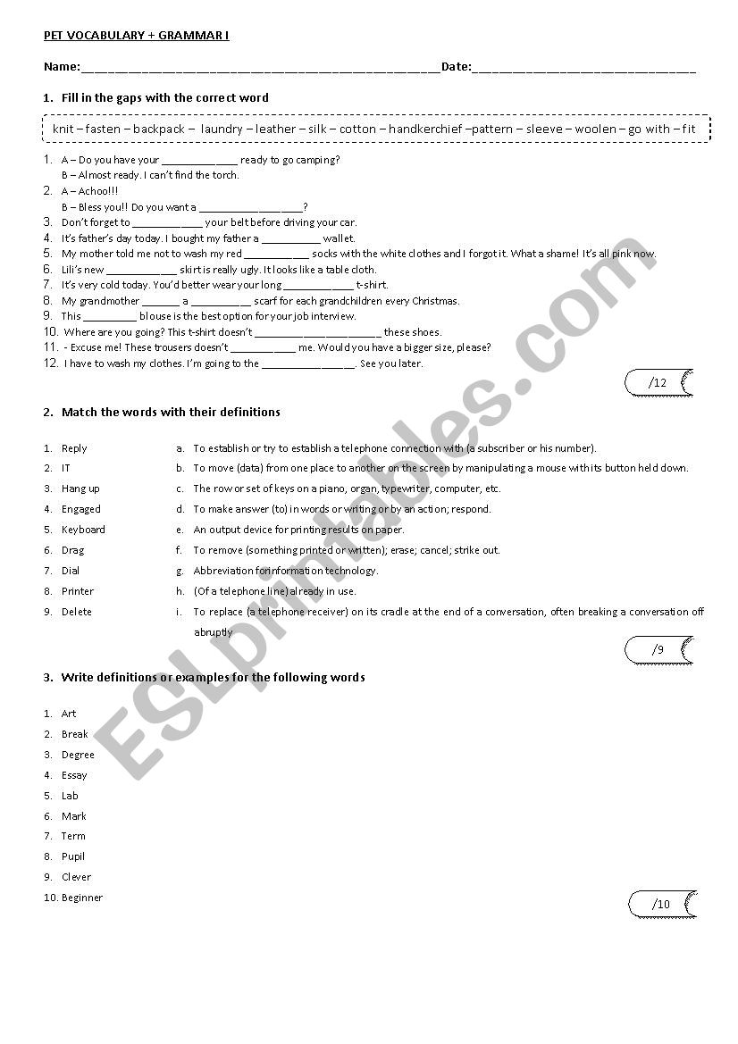 PET VOCABULARY AND GRAMMAR TEST