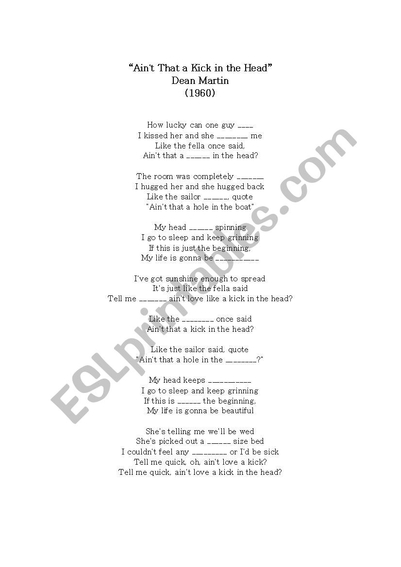 Dean Martin - Aint That a Kick in the Head Worksheet