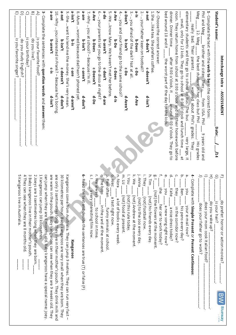 Interchange Intro Test worksheet