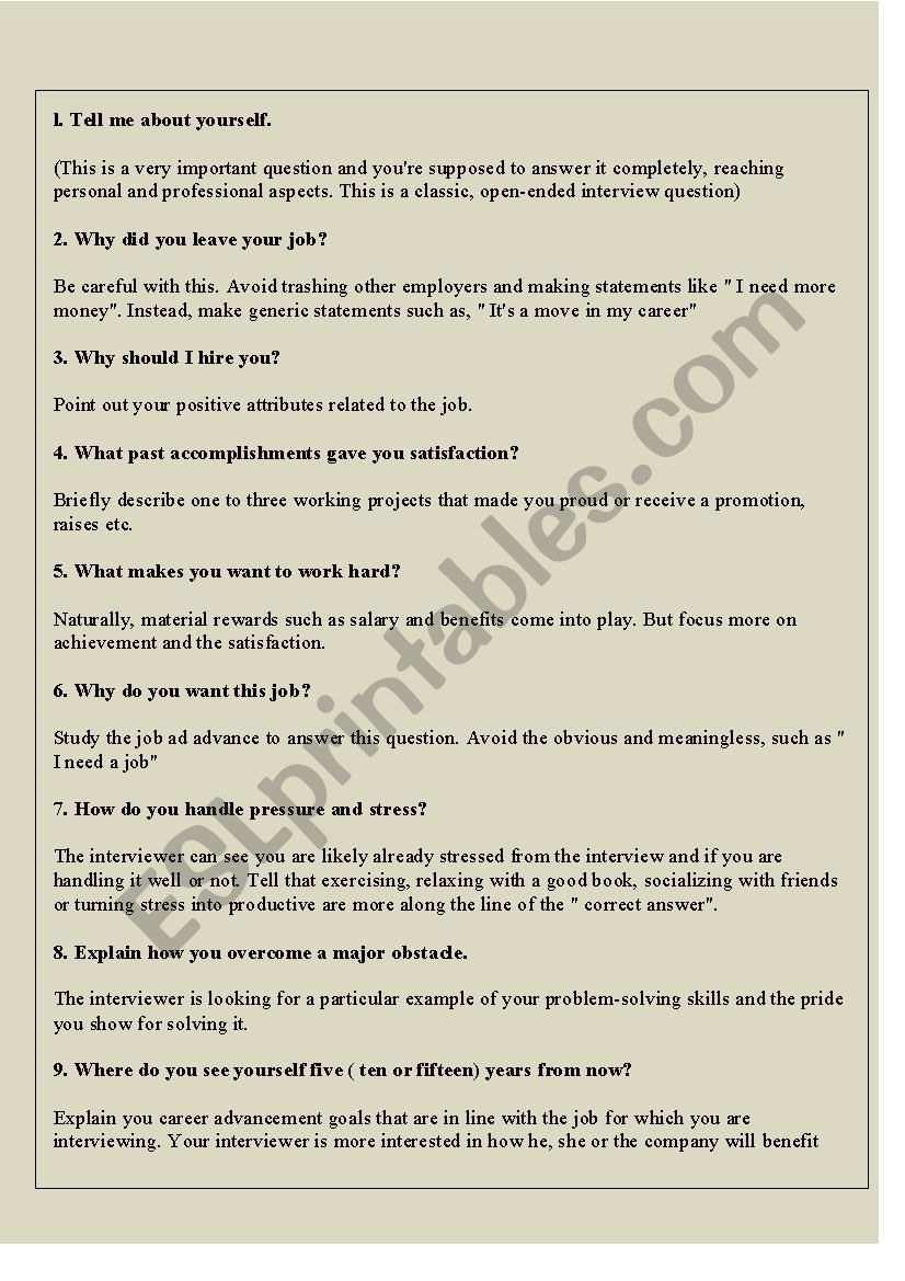 Job Interview worksheet