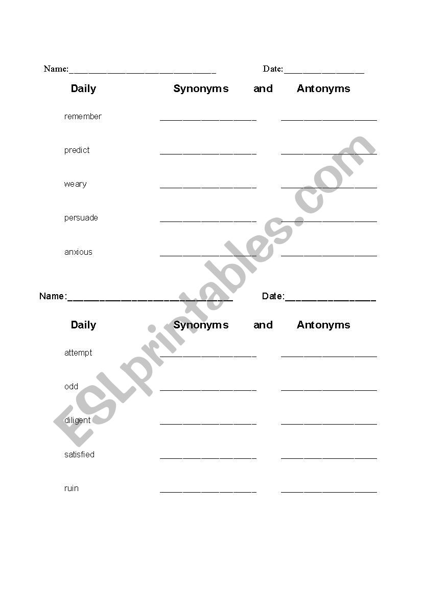 Daily Synonyms and Antonyms 5 worksheet