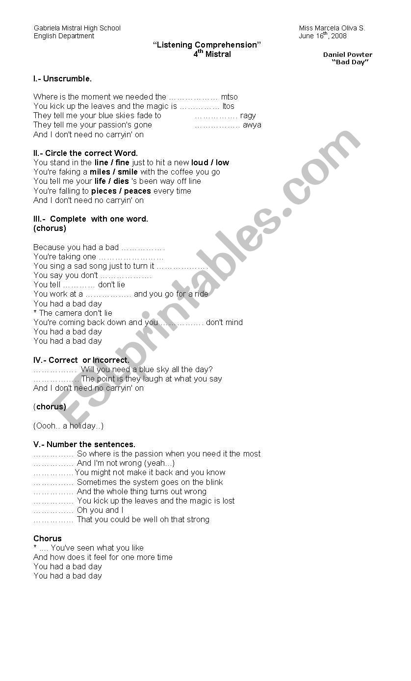 listening songs activities worksheet