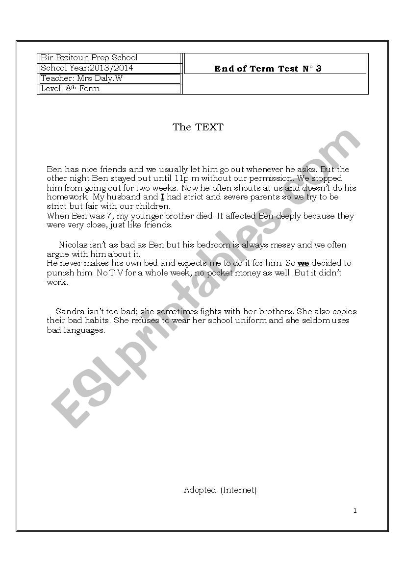 end of term test worksheet