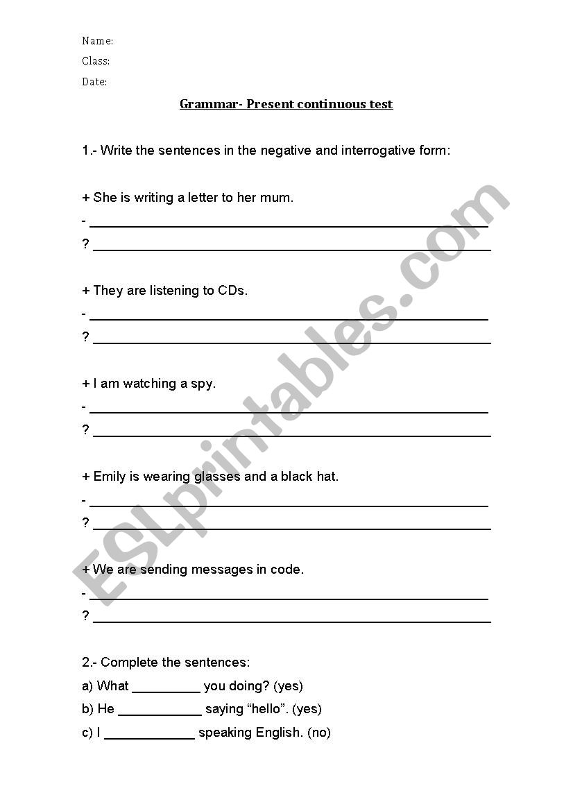 Present Coninuous Test worksheet