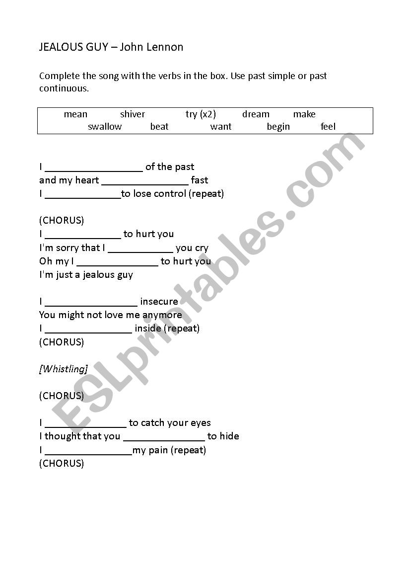 SONG: Jealous Guy (Past simple and Past continuous)