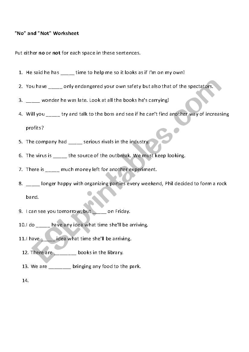 No and Not Worksheet worksheet