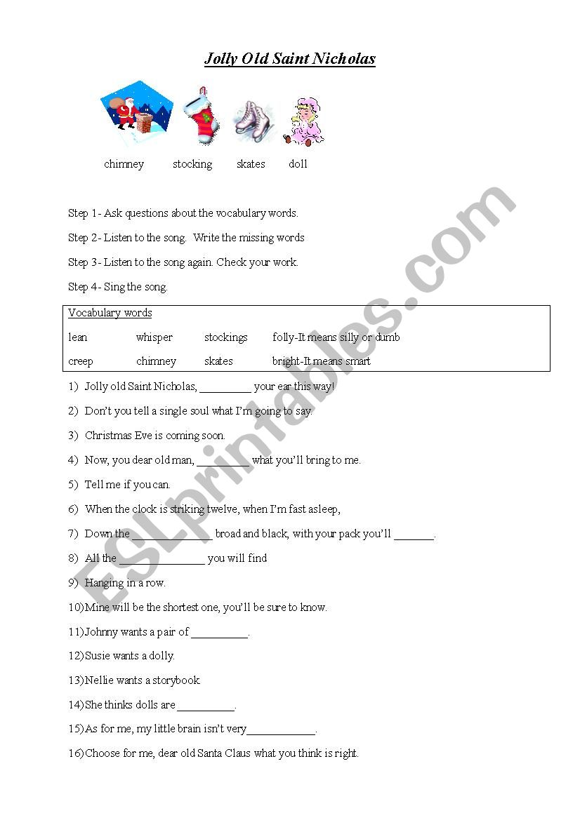 Jolly Old Saint Nicholas worksheet