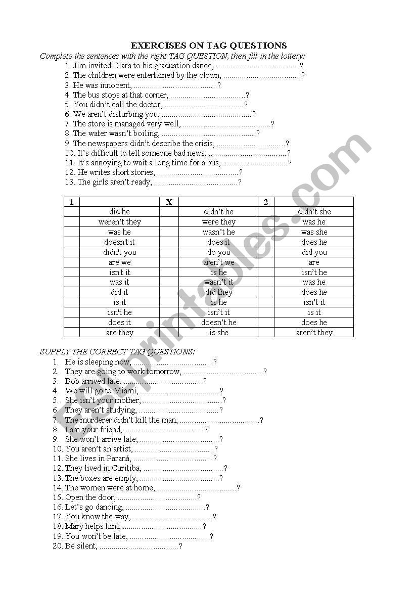 Exercises on TAG QUESTIONS worksheet