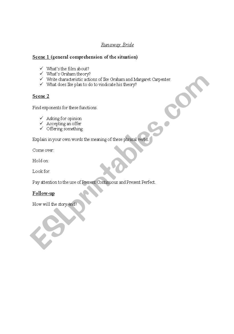 Runaway Bride worksheet