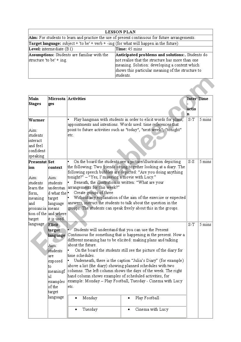 Lesson Plan Present Continuous for Future Arrangements