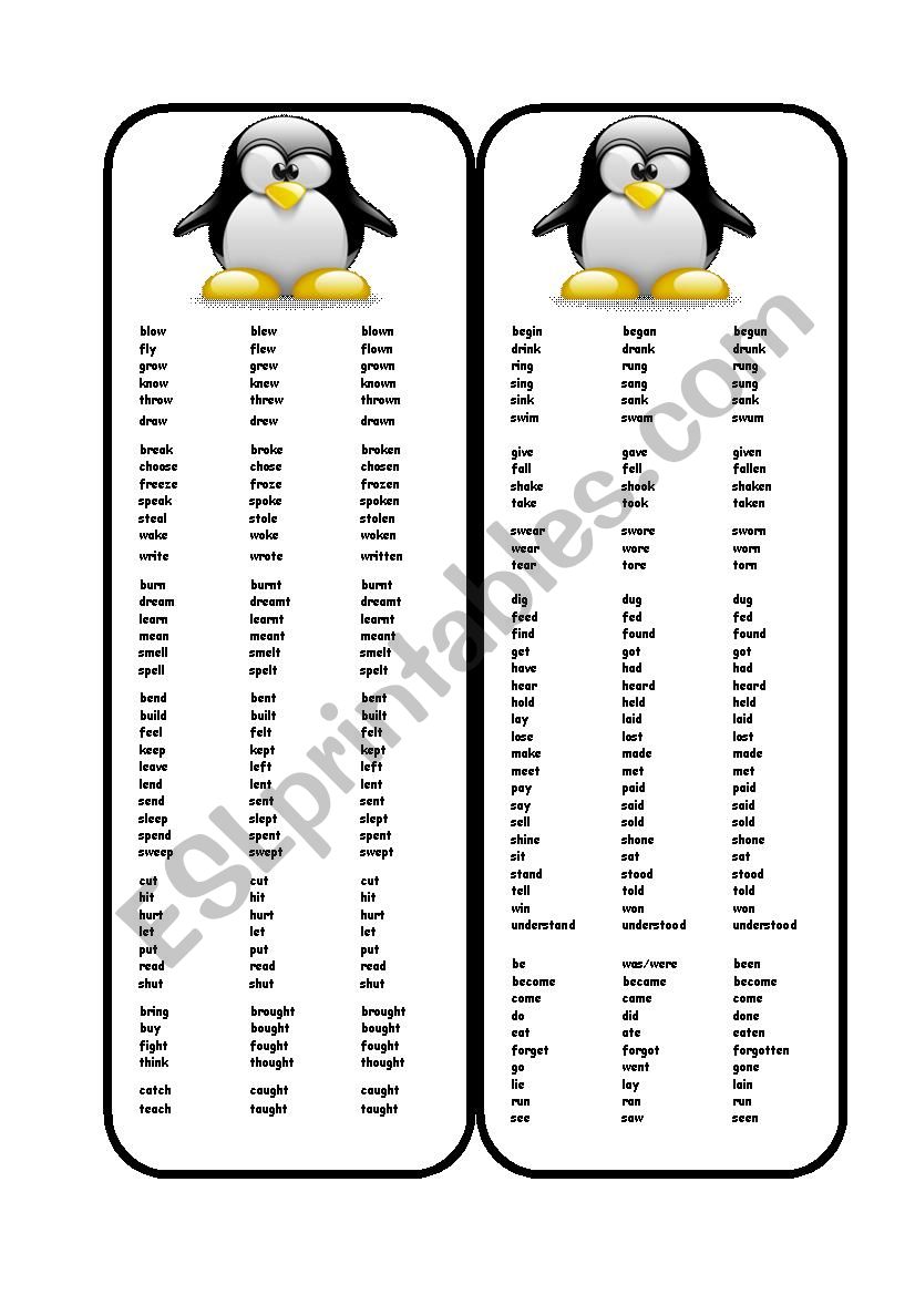 BOOKMARKS - IRREGULAR VERBS worksheet