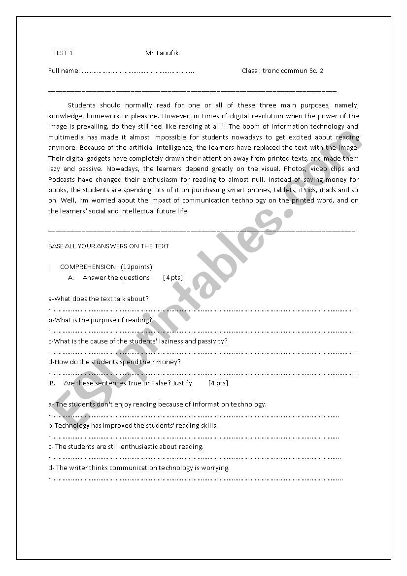 reading comprehension worksheet