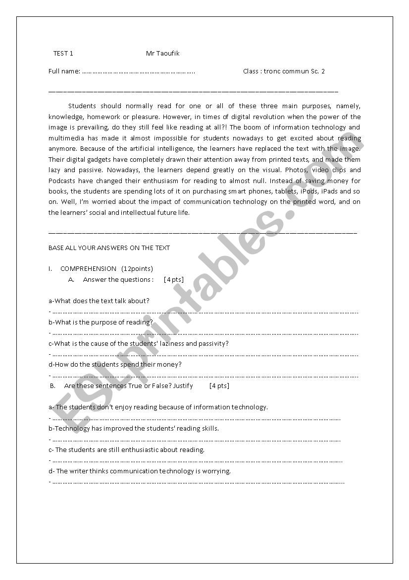 reading comprehension worksheet