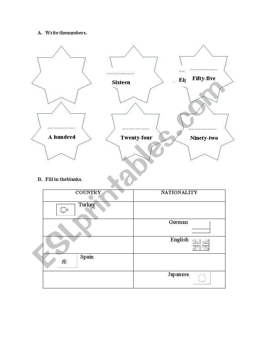 Numbers, Countries, Nationalities, Classroom objects, Verbs exercises