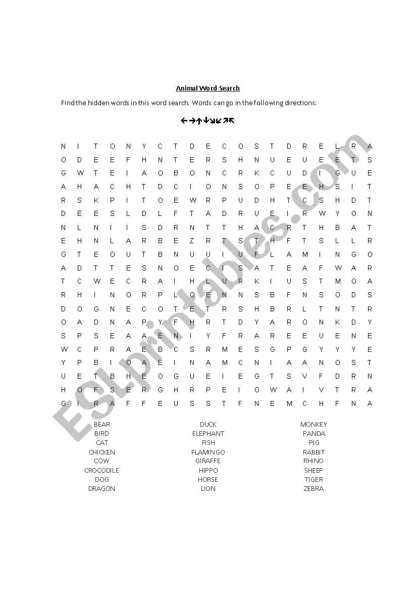 Animal word search worksheet