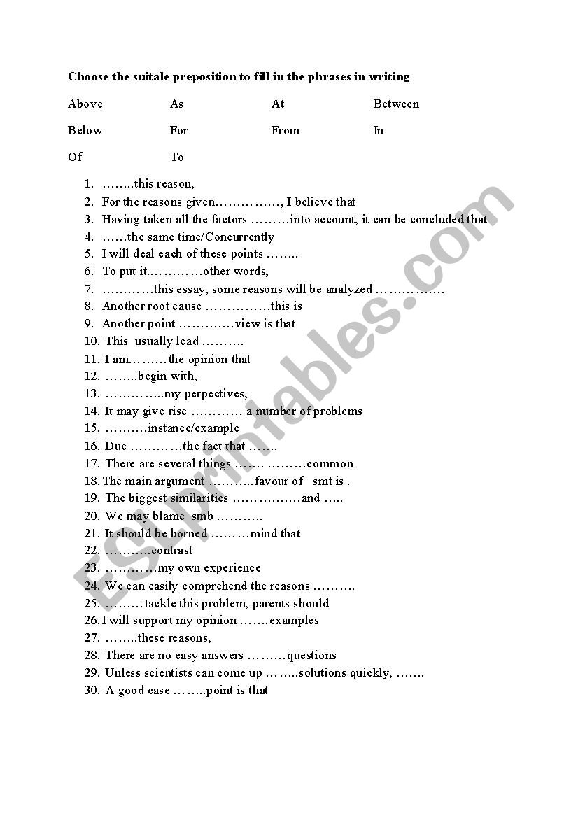 Phrases for writing essay worksheet