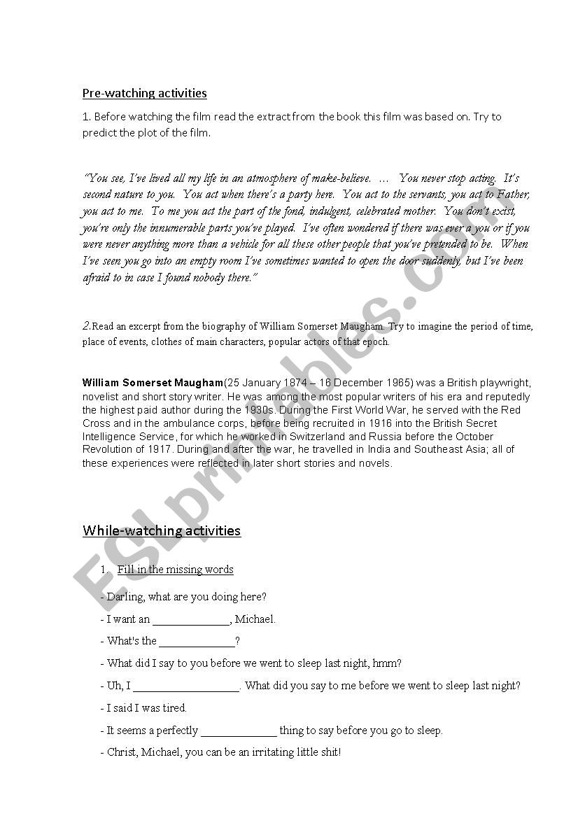 Being Julia by Maugham worksheet