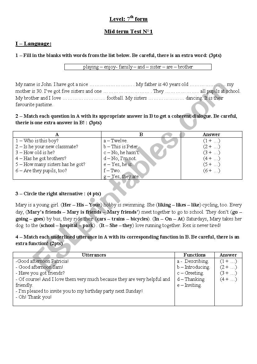 Mid-term Test NÂ° 1 worksheet