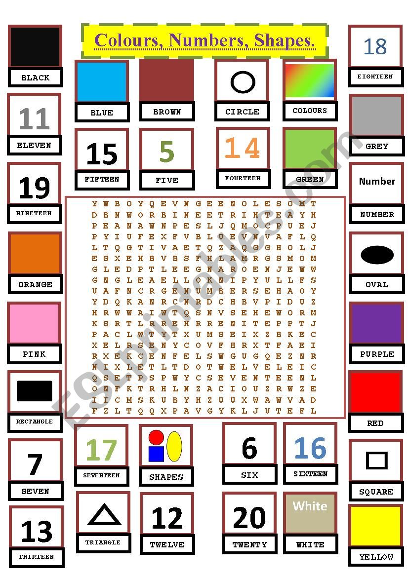 Colours, Numbers, Shapes Word Search.