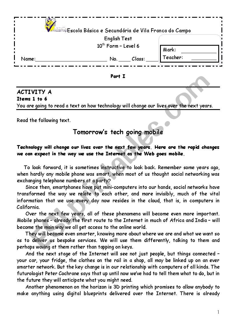 Tomorrows tech going mobile - 10th form test