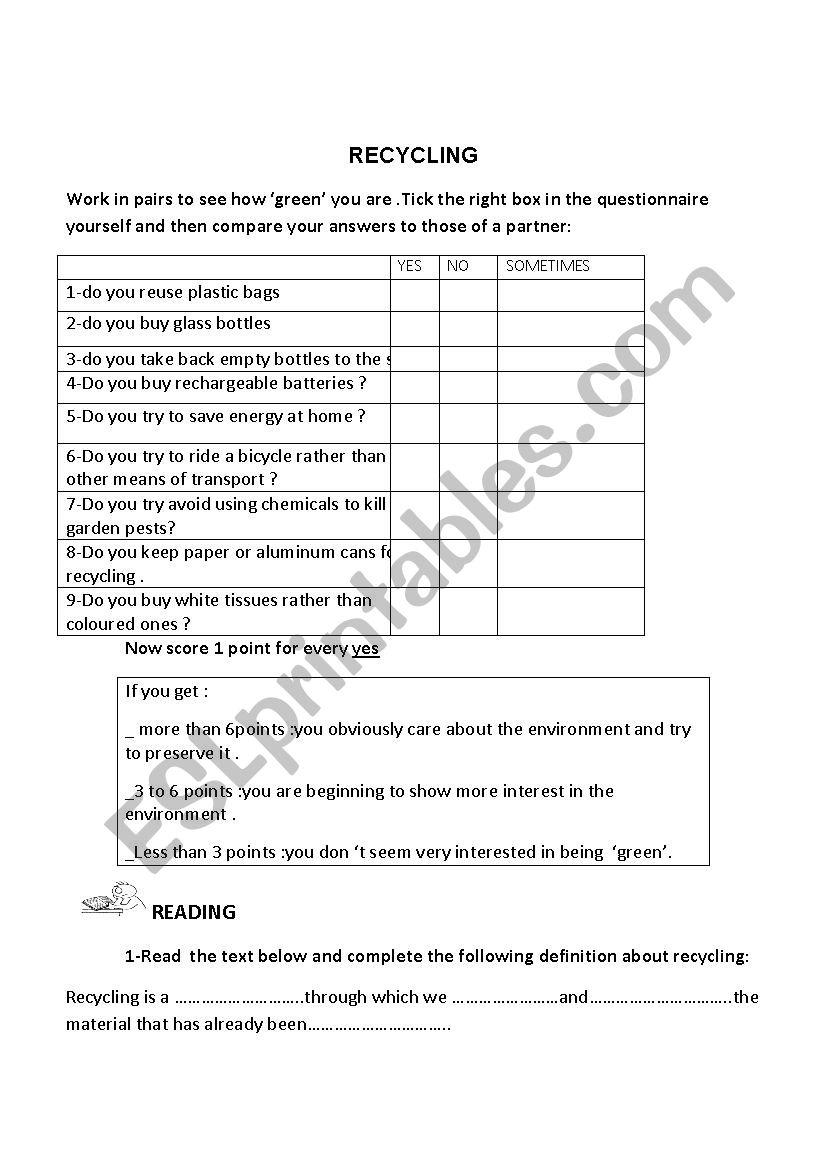 RECYCLING worksheet