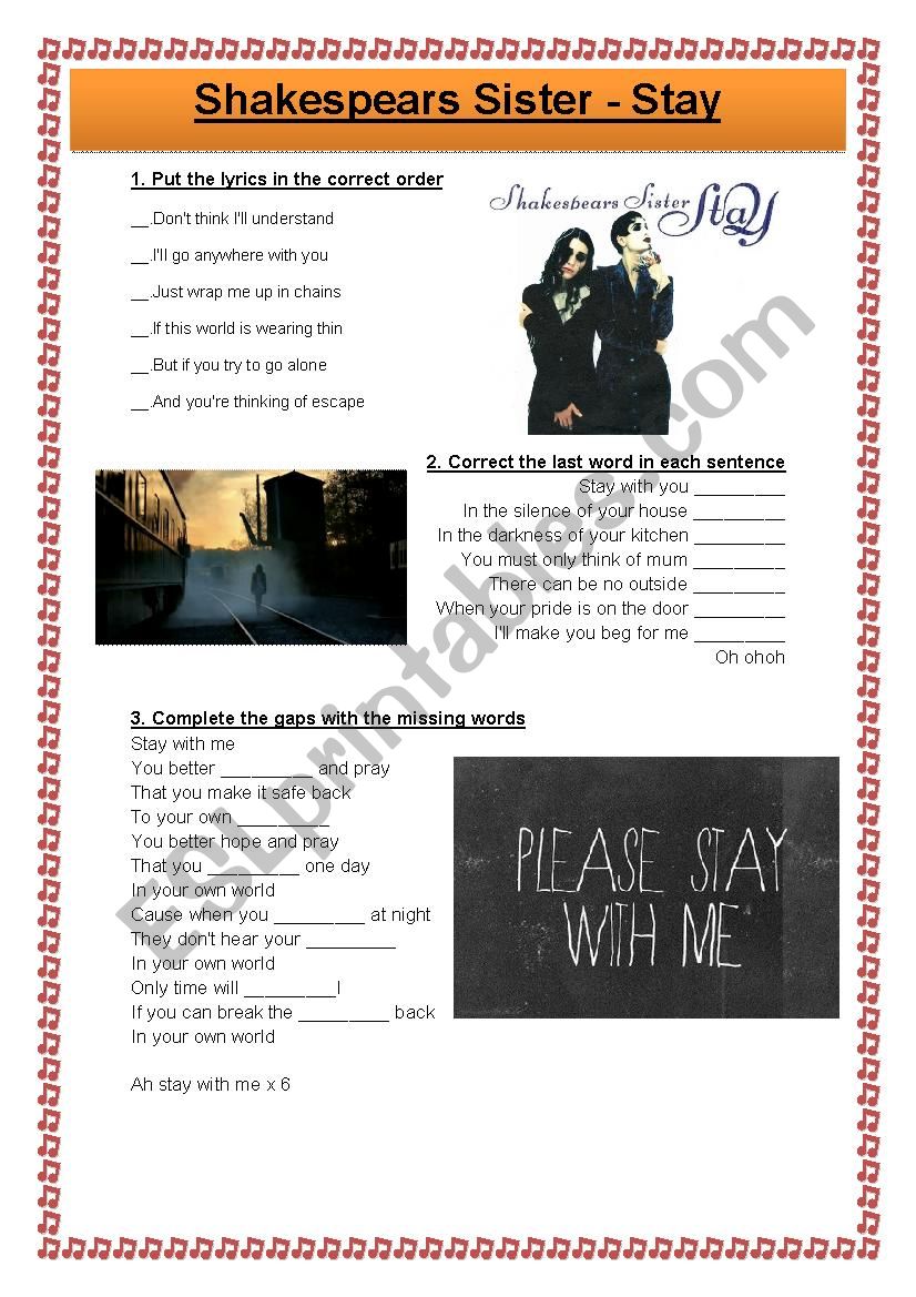 ESL Song worksheet - Shakespears Sister - Stay