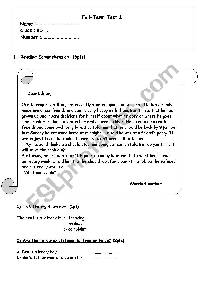Full Term 1 9th form worksheet