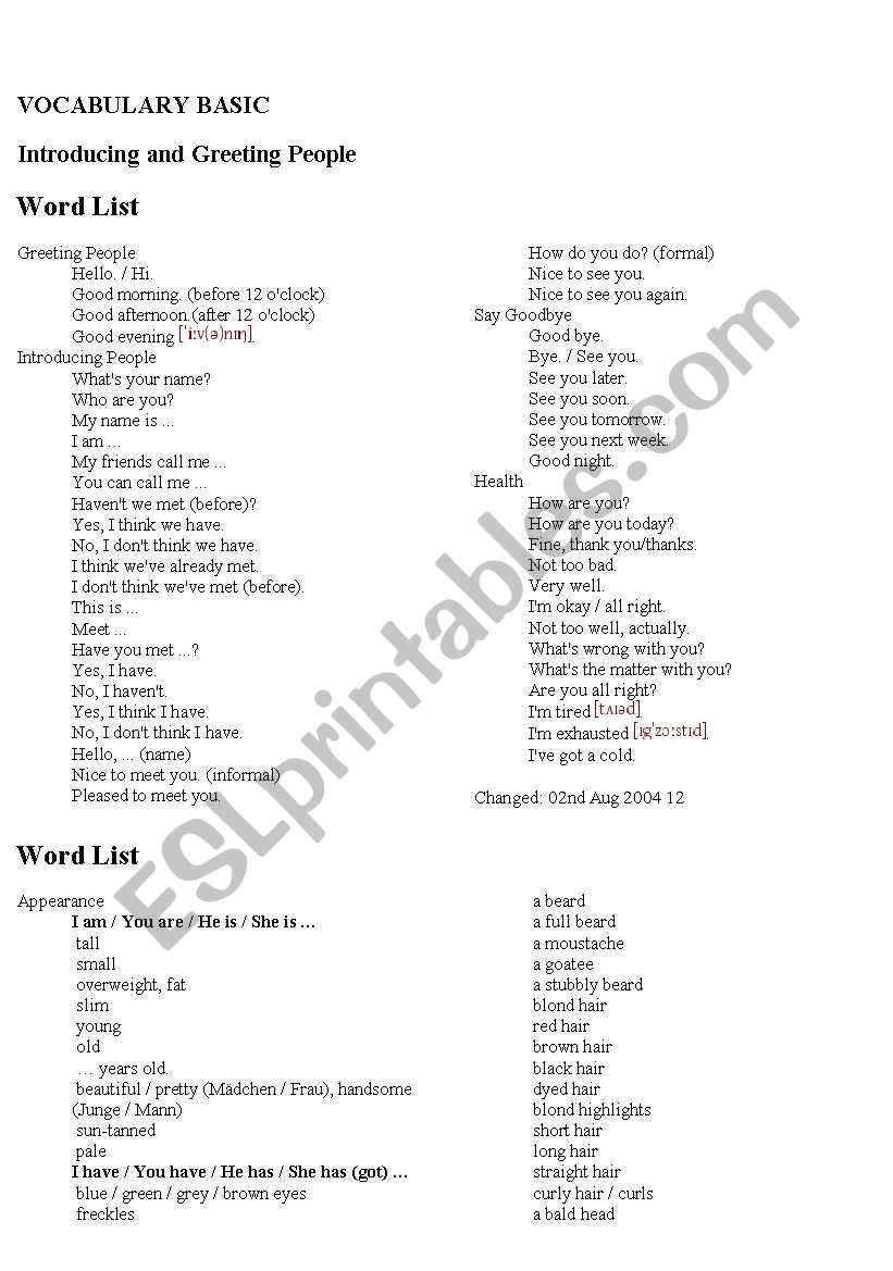 Vocabulary basic worksheet