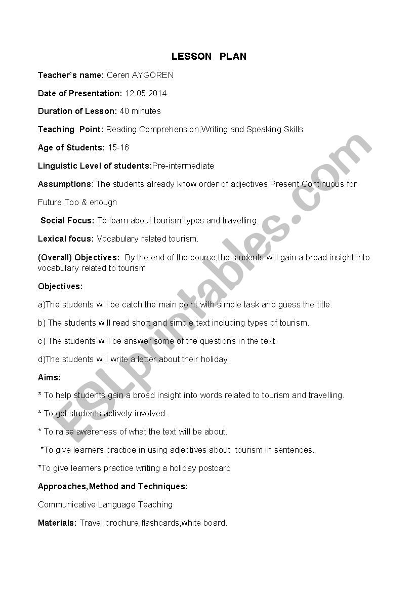 lesson plan about tourism worksheet