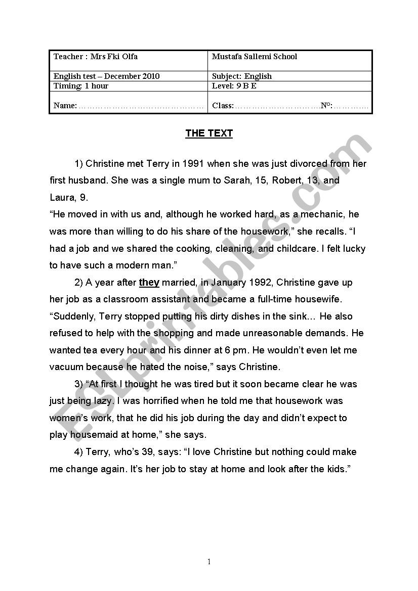 9th form end of term 1 worksheet