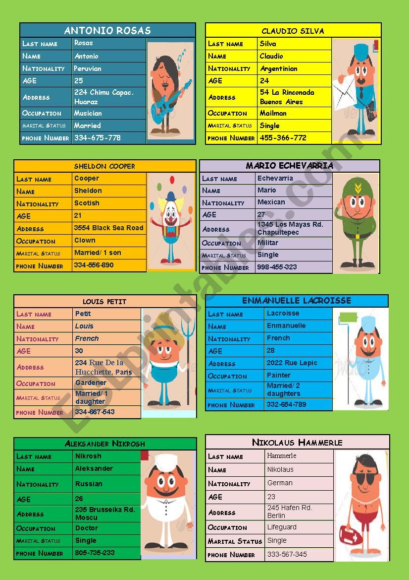 PERSONAL INFORMATION CARDS worksheet