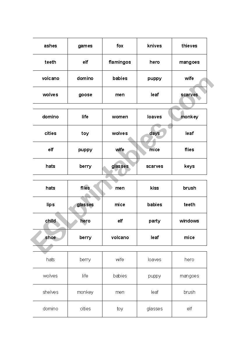 bingo cards for plurals worksheet