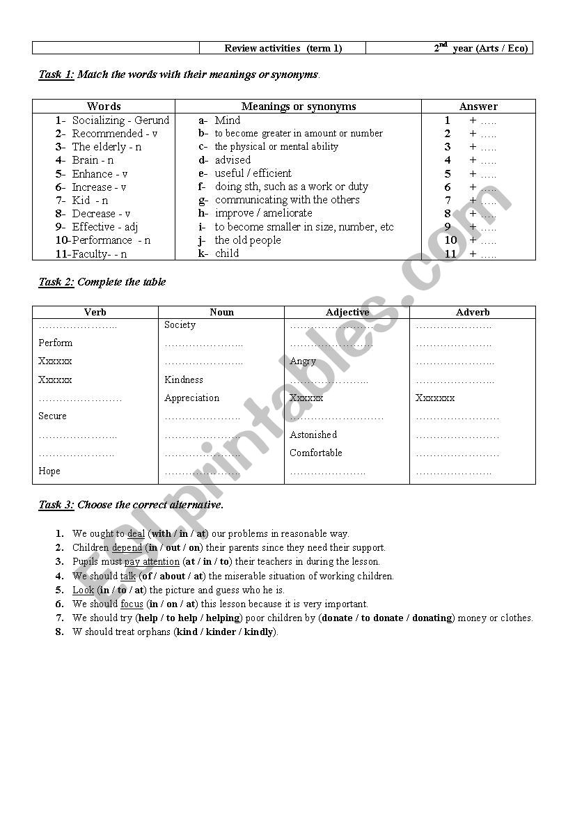 Review Tasks for 2nd year SE worksheet