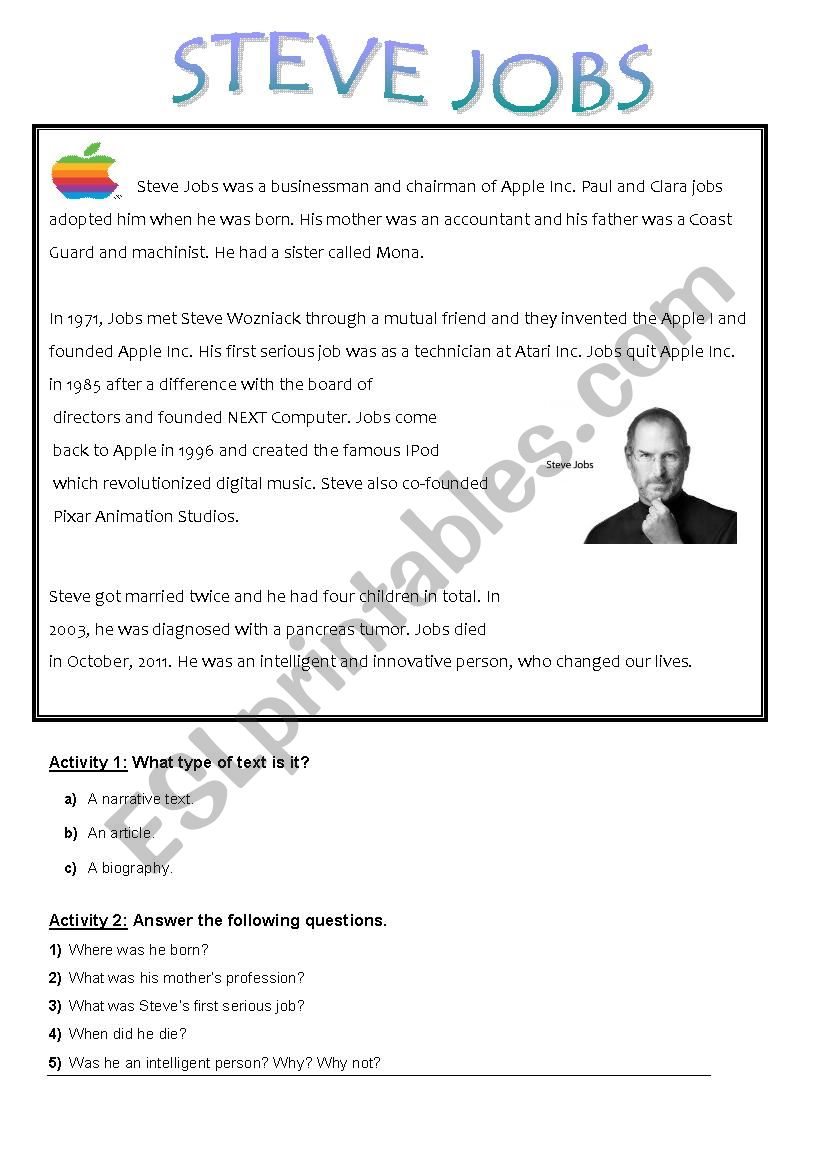 STEVE JOBS worksheet