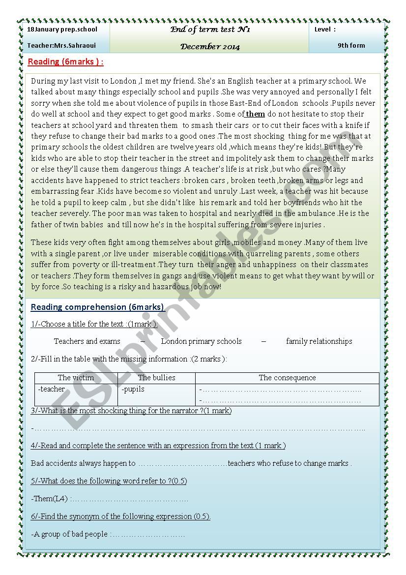 9th form end of term test n1 worksheet