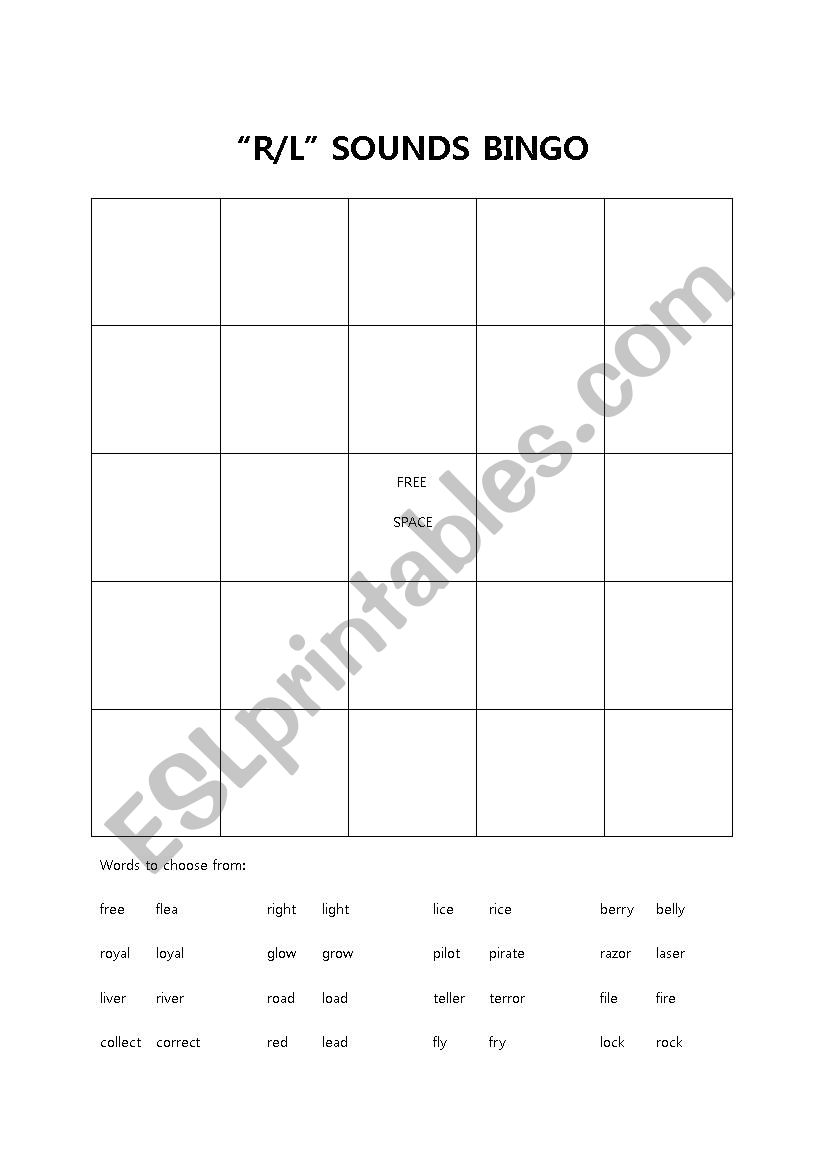 R/L pronunciation bingo worksheet