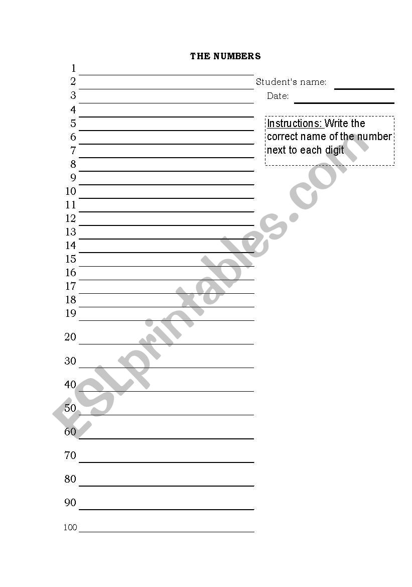 Numbers from 1 to 100 worksheet