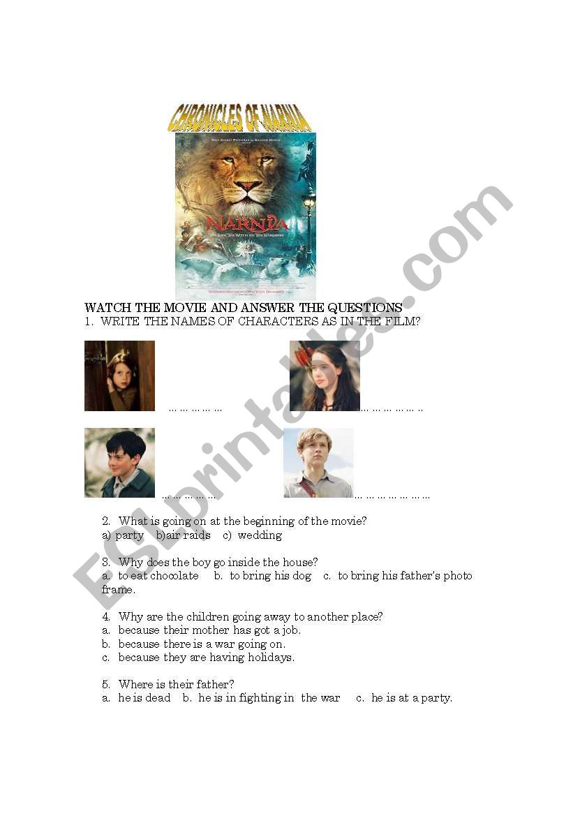 chronicles of narnia  worksheet