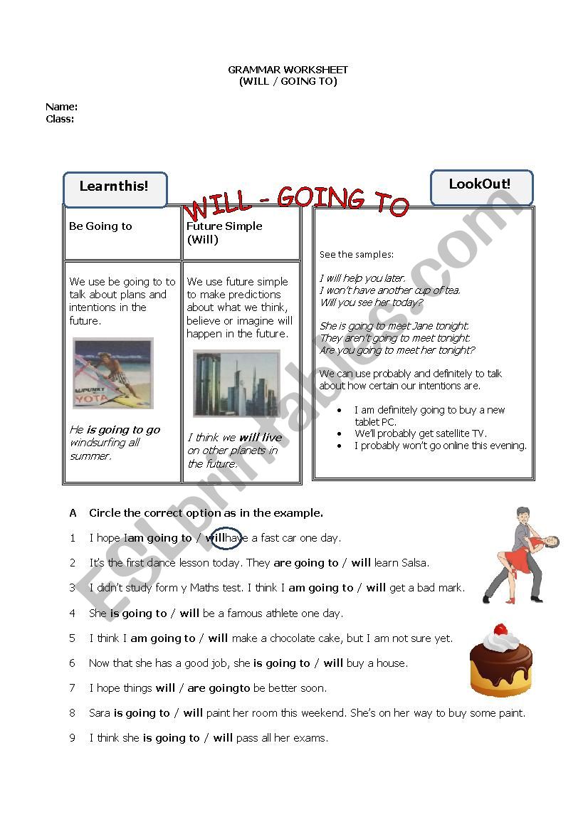Be Going to & will worksheet
