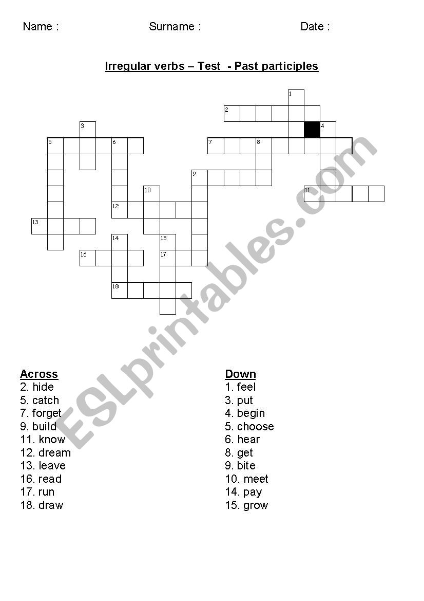 irregular verbs crosswords worksheet