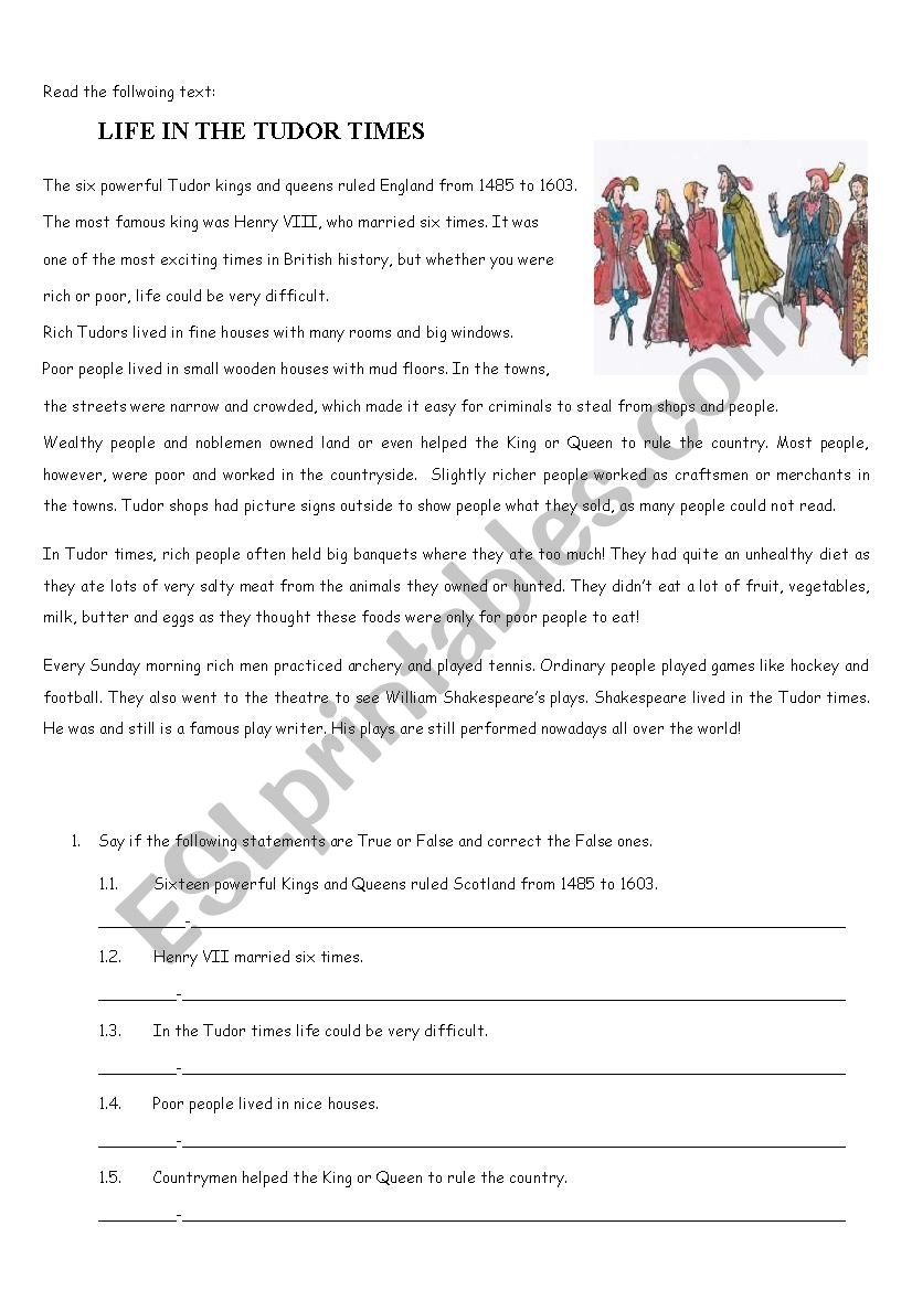 Life in the Tudor Times worksheet