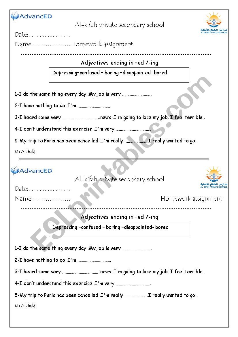 adjectives with -ing -ed worksheet