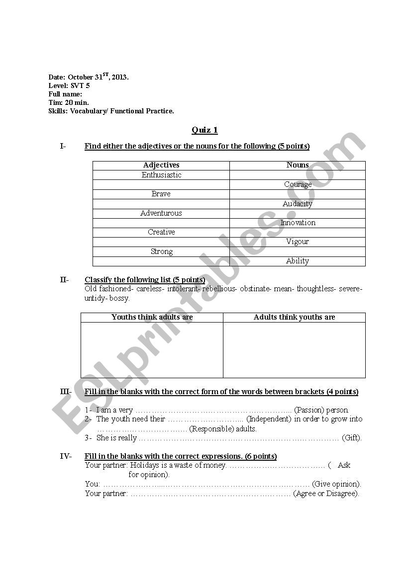 Vocabulary and functions test worksheet