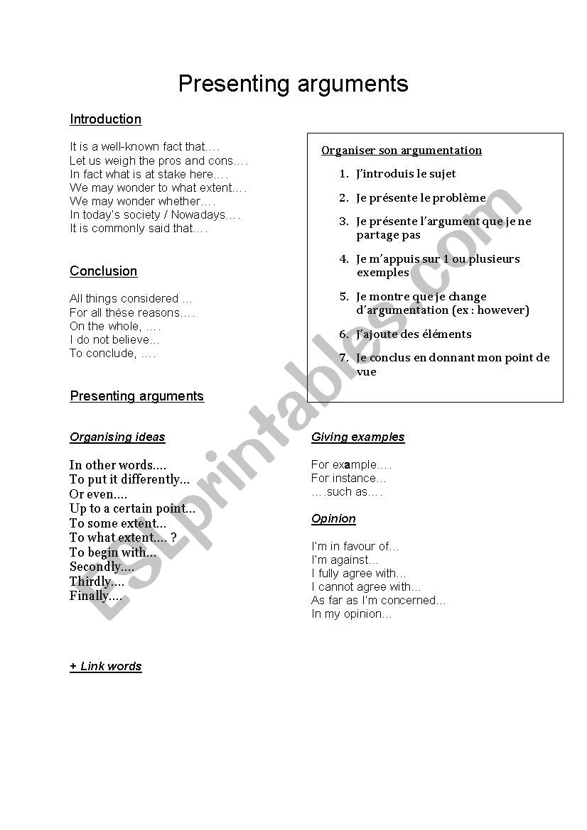 Presenting arguments worksheet