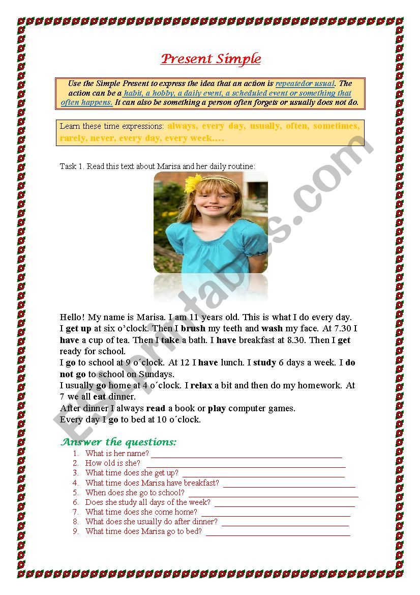 Present Simple worksheet with exercises + writing about daily routines